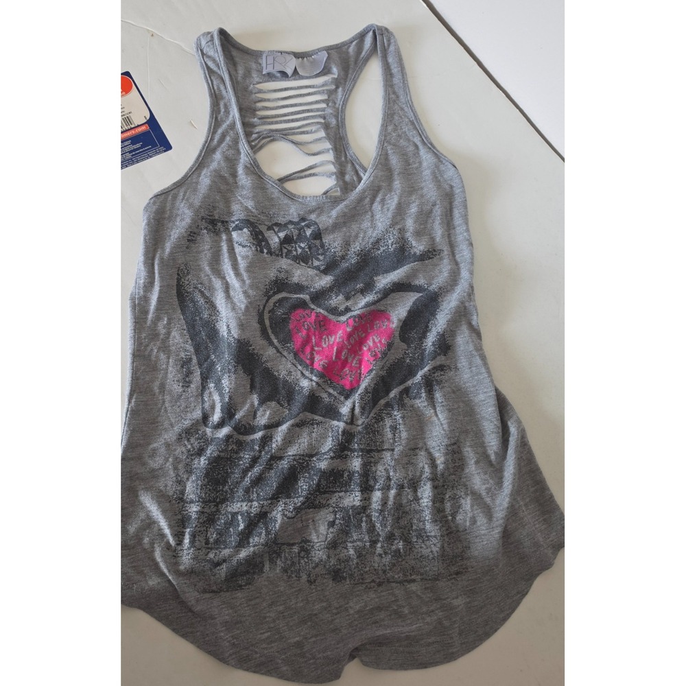 FRZ Gray Distressed Graphic Racerback Tank Top Small Heathered Ladder Back